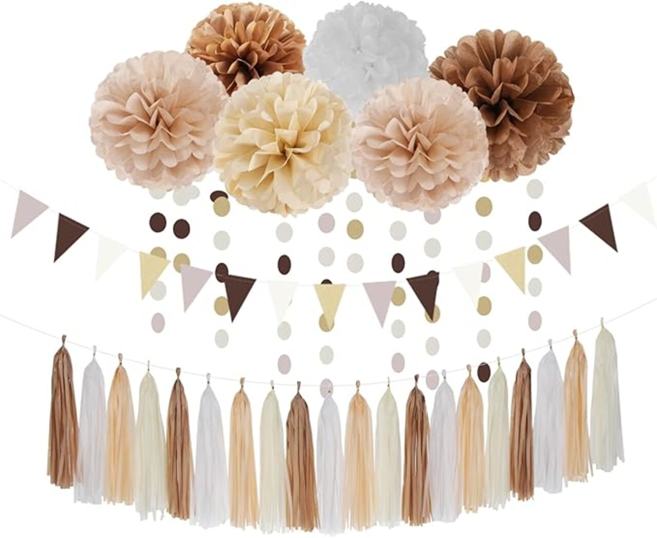 28 Pcs Boho Baby Shower Decorations - Neutral White, Brown & Champagne Party Set with Tissue Pom Poms, Tassel Garland, Triangle Flags & Circle Dots for Birthday, Wedding, or Fall Decor